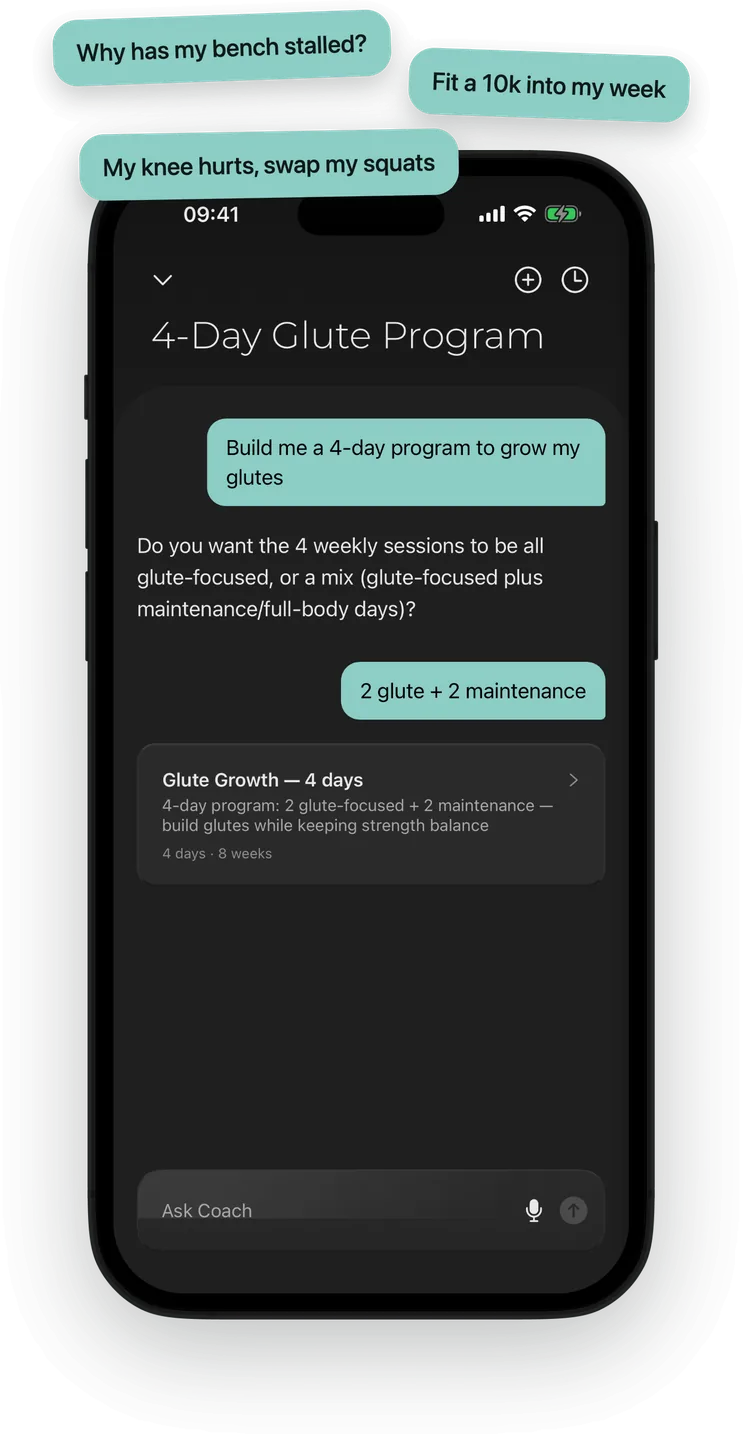 Elevus AI coach building a 4-day glute program, with questions like Fit a 10k into my week