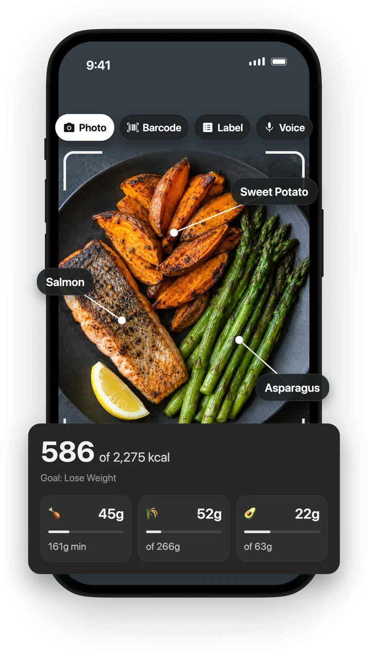 Elevus meal logging: a photo of salmon, sweet potato and asparagus with calories and macros
