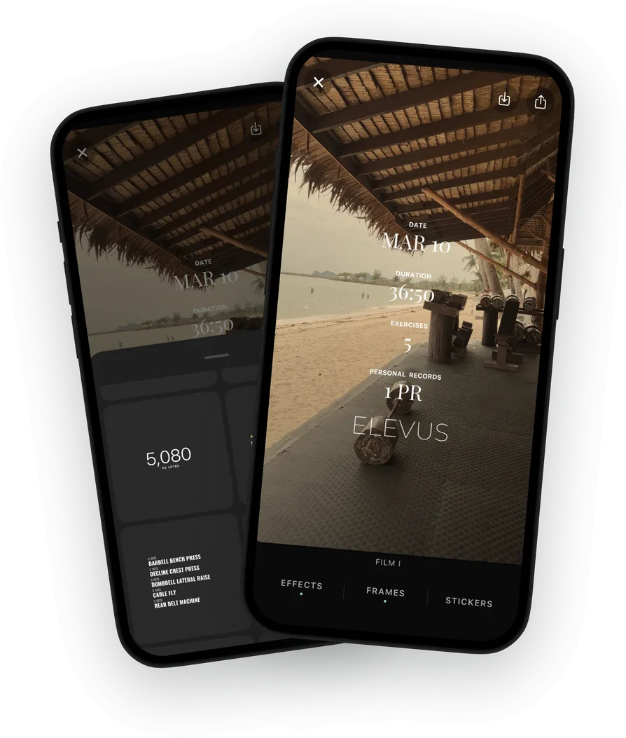 Elevus share editor with workout stats over a beach photo