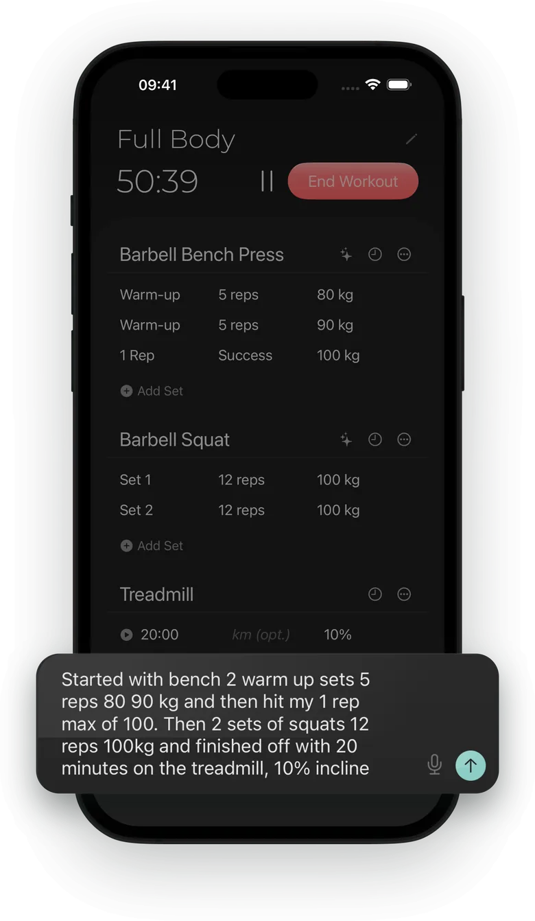 Elevus logging a workout typed in plain English: bench warm-ups, a 1 rep max, squats and a treadmill session